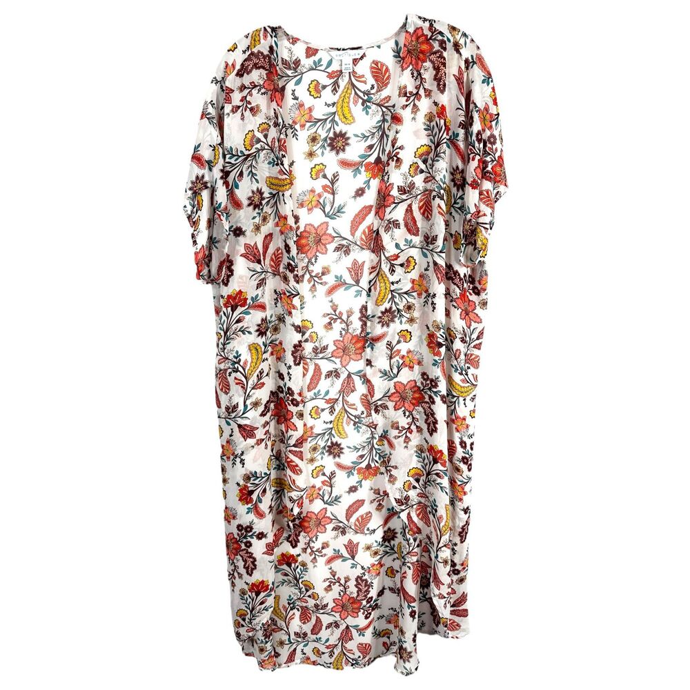 Boutique Plus Size 1X Kimono Floral White Peach Open Front‎ Long Chiffon 857